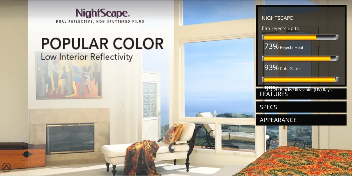 Night Scape black window tint — dark film that looks clear from inside looking out
