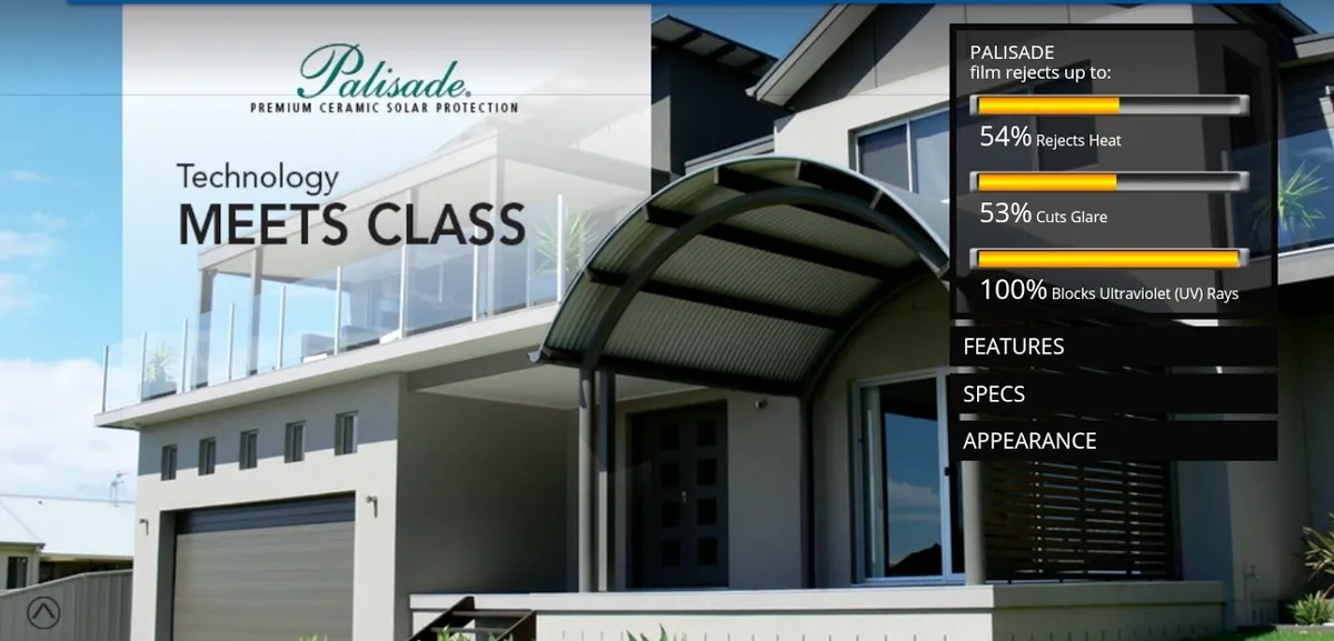 Palisade premium ceramic solar protection film — 54% heat rejection, 53% glare reduction, 100% UV blocking