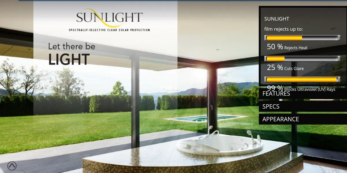 Sunlight clear window tint film — blocks 50% heat with no darkness or pigmentation