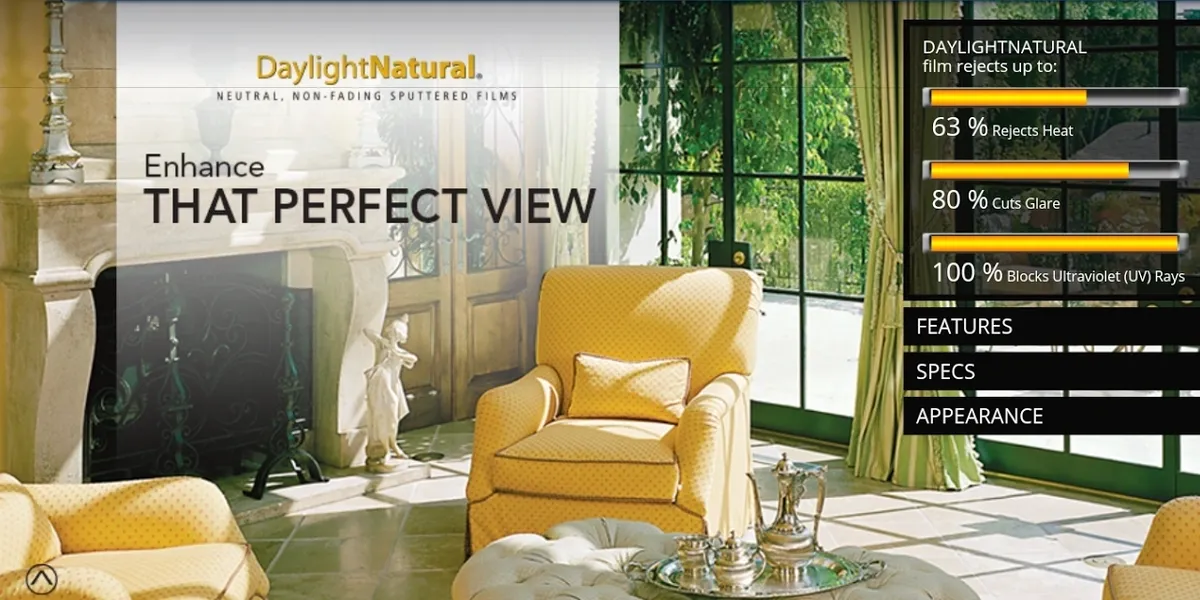 Daylight Natural neutral non-fading sputtered film — 63% heat rejection, 80% glare reduction, 100% UV blocking